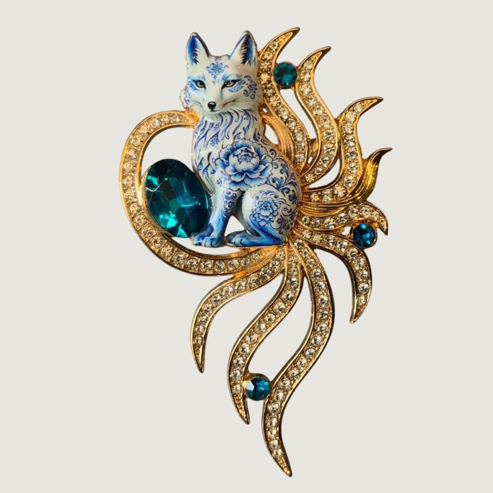 Blue White Nine Tailed Fox Brooch Rhinestone Gold Tone Enamel Kitsune Pin